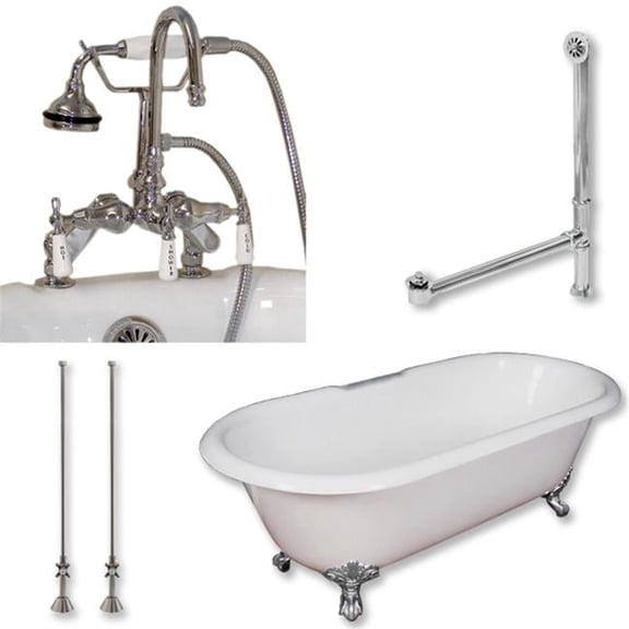 Cambridge Plumbing DE67-684D-PKG-CP-7DH Cast Iron Double Ended Clawfoot Tub, Polished Chrome - 67 x 30 in.