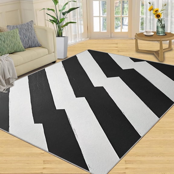 Black White Geometric Area Rug, Modern Abstract Washable Rug, Non Slip Low Pile Carpet for Living Room Bedroom Home Decor 5x6ft