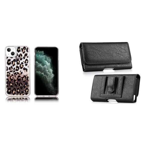 Liquid Glitter Case for iPhone 14 Plus and Belt Holster Pouch - Leopard