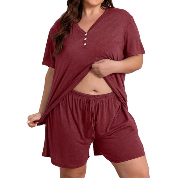 Domzest Womens Plus Size Short Pajama Sets V Neck Button Up Top & Drawstring Elastic Waist Shorts with Pockets 2026 Summer Loose Fit Sleepwear Sets Wine L