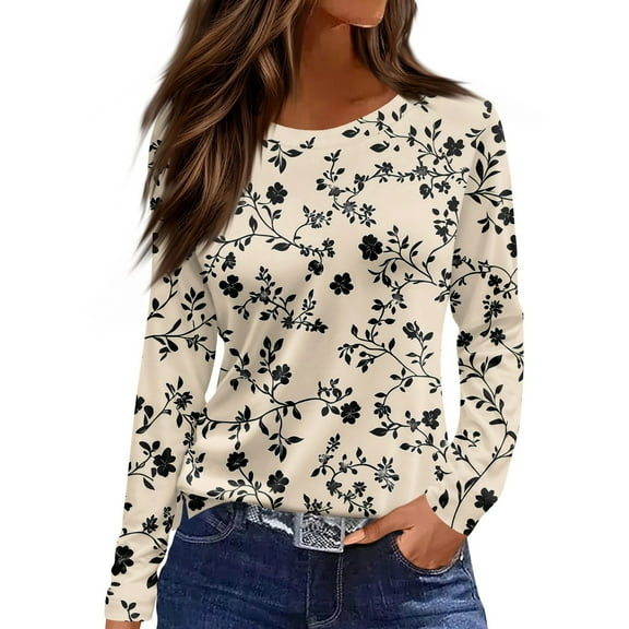 WTOBBY Women's Loose Fit Casual Floral Print Long Sleeve Hem Slit Round Neck T-shirt Top Fashionable Design Breathable Material Comfort Wear Perfect for Daily Outfit Layering,Beige L