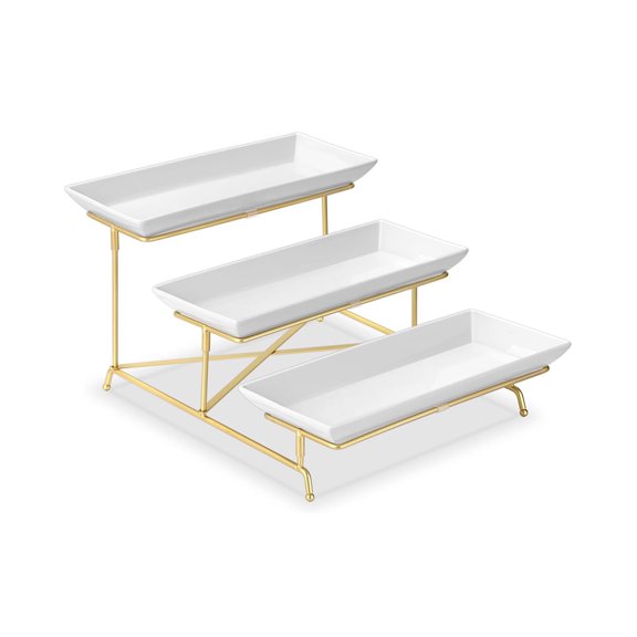 3 Tier Serving Trays for Party, 12"x6" Tray Stand with Gold Carbon Steel Stand, for Serving Food, Cookies, Vegetables, Desserts, and Fruits