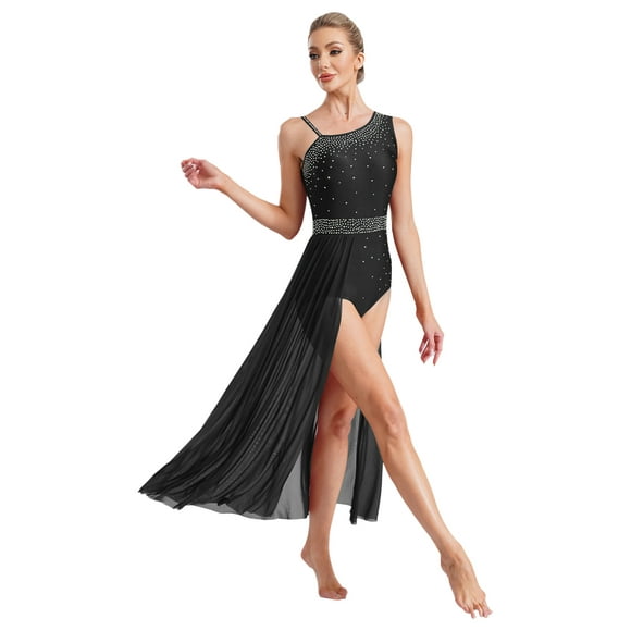 Kaerm Womens Lyrical Dance Dress Glitter Rhinestones Single Shoulder Modern Ballet Dancewear Black M