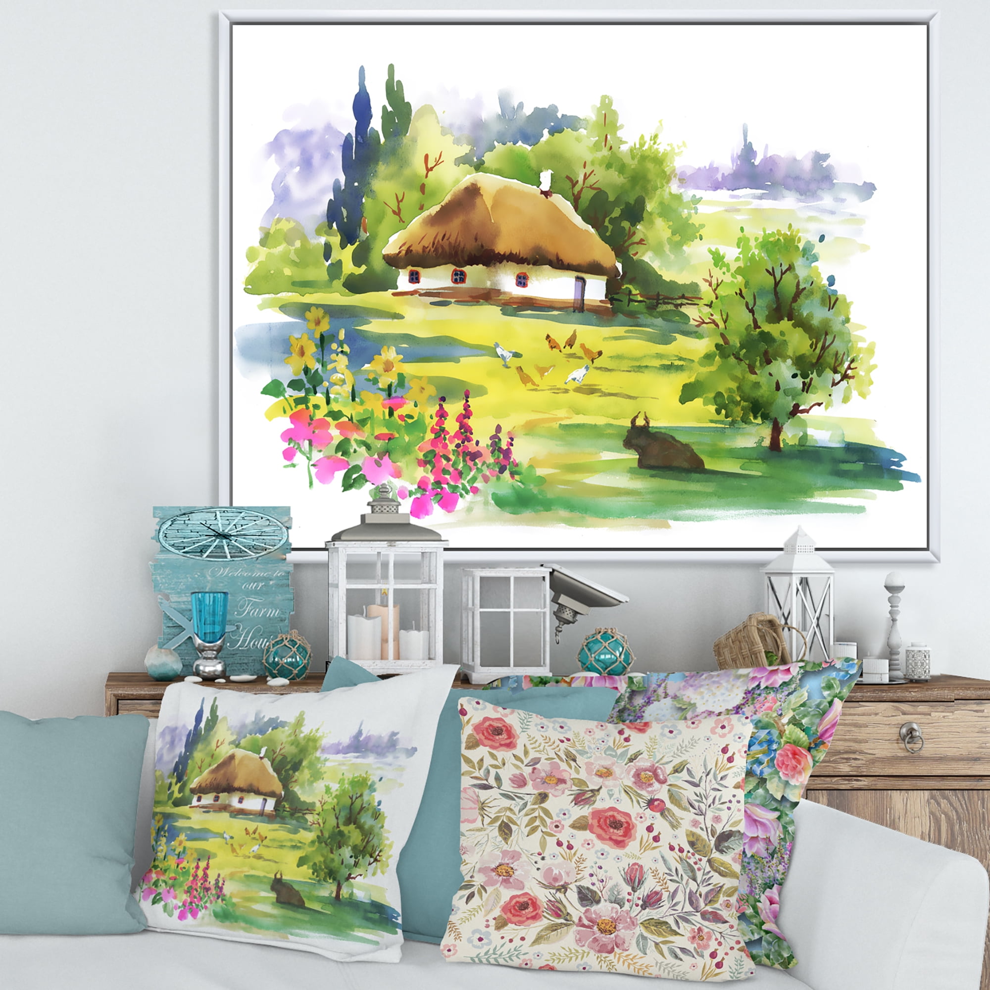 Blossoming Greenlands And A Rural House 32 in x 24 in Framed Painting Canvas Art Print, by Designart