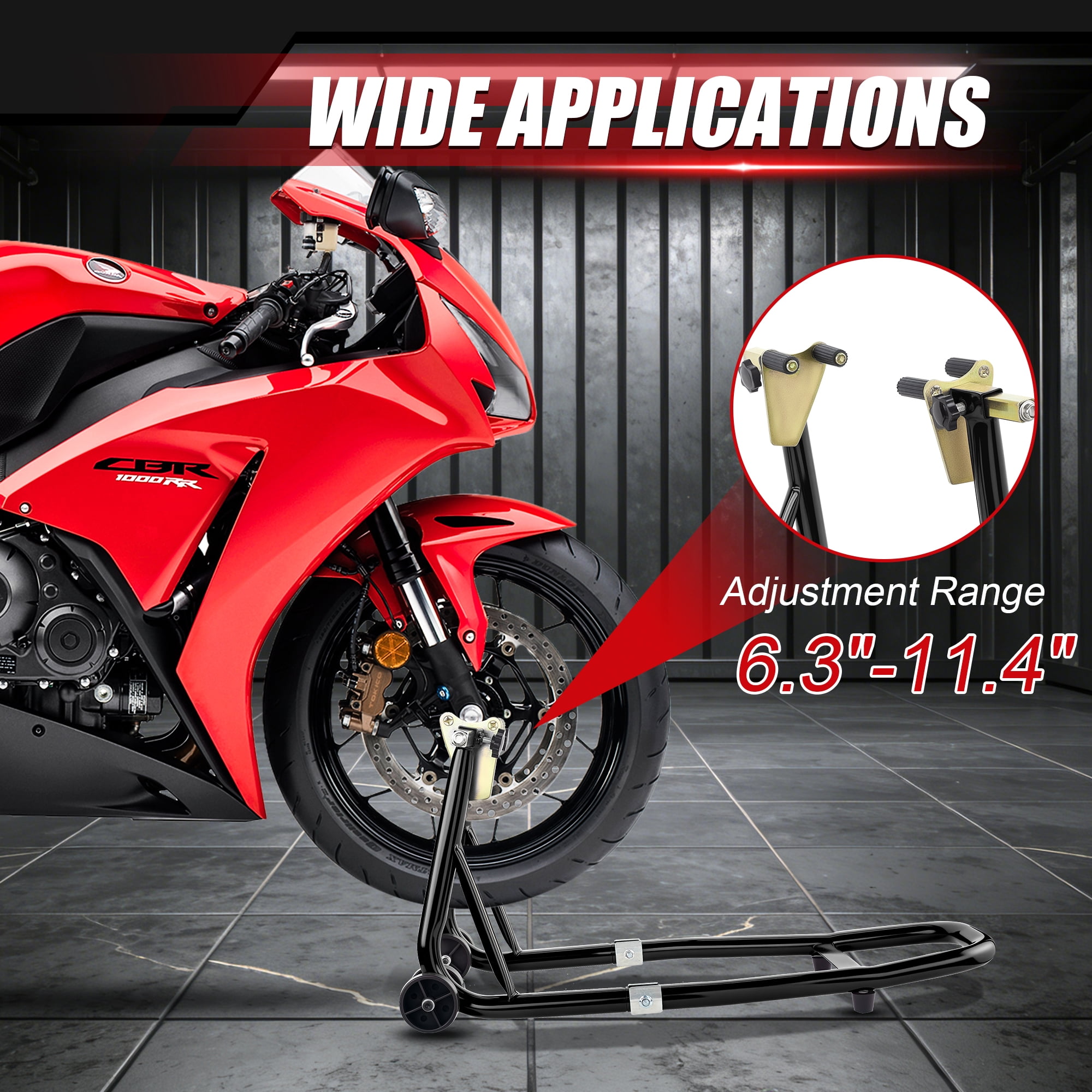 Universal Motorcycle Lifting Stands, 900 lbs Capacity Heavy Duty Front and Rear Wheel Lift with U+L Adjustable Swingarm Spool, Sport Bike Maintenance Stand for Garage Shop, Black