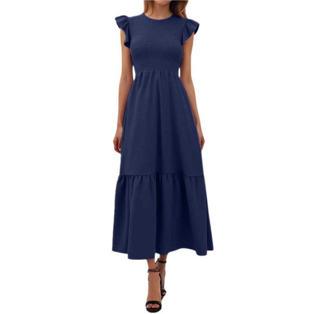 Vestido largo con mangas con volantes y pliegues para mujer - Extralargo informal con bolsillos