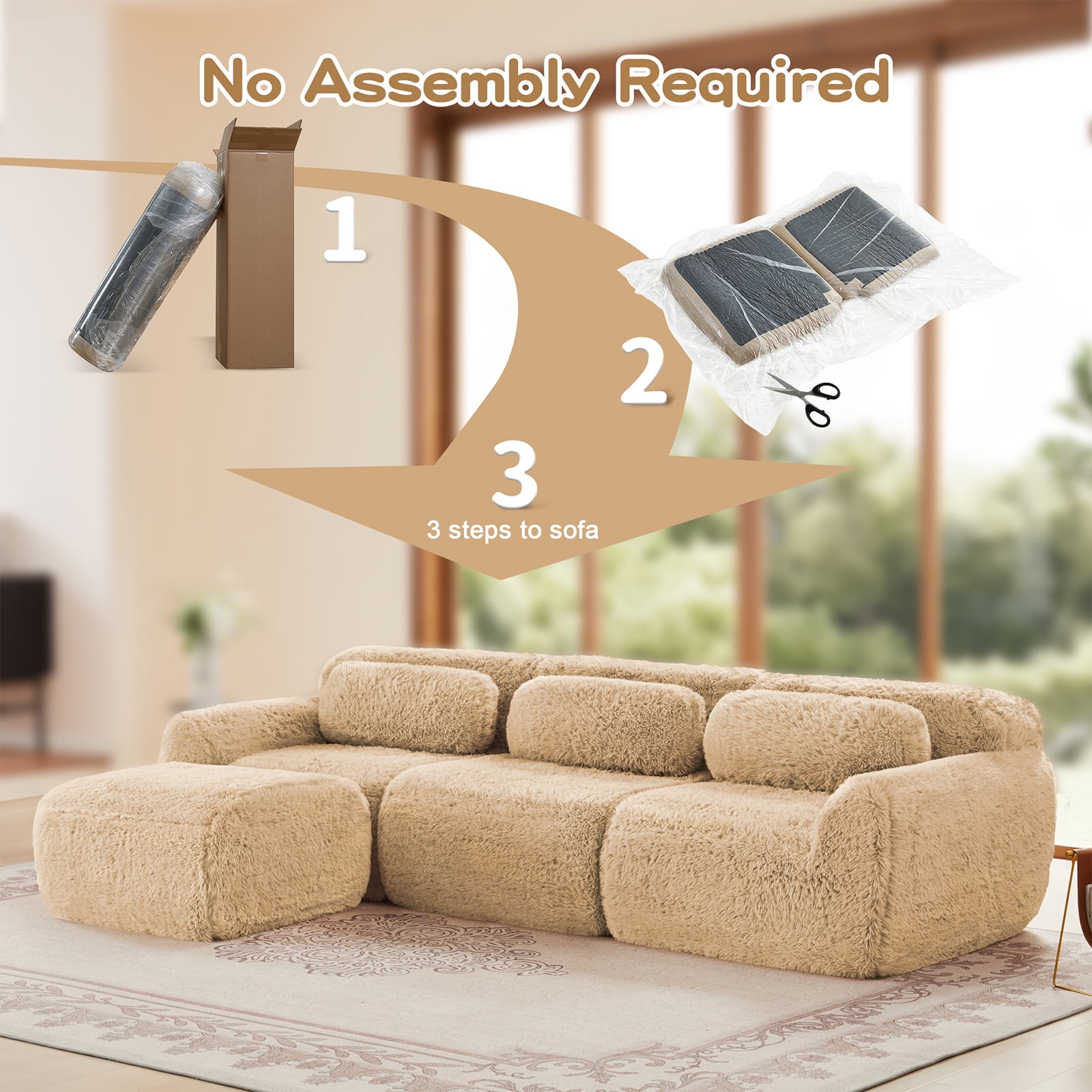 ZenNook 115" Sectional Couches for Living Room, Comfy Boneless Couch, 3 Seater Cloud Sofa, Compressed L Shaped Couch with Ottoman, Modern Modular Sectional, Plush Floor Sofa, No Assembly (Camel)