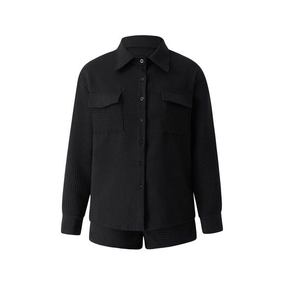 Sunloudy - Traje de 2 uds para mujer, cuello vuelto de color sólido, camisa de manga larga con botones y pantalones cortos con cordón elástico Sunloudy moda