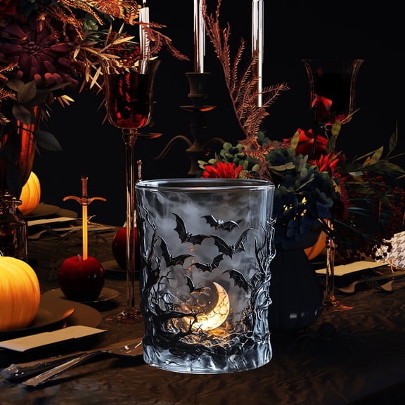 Halloween Tumbler Bat Themed Glass Drinking Glasses, 14oz Unique 3D Bat Moon Tree Embossed Glass Coffee Cup for Juice Water, Darkness Vintage Glassware for Halloween Party Bar Home Decor
