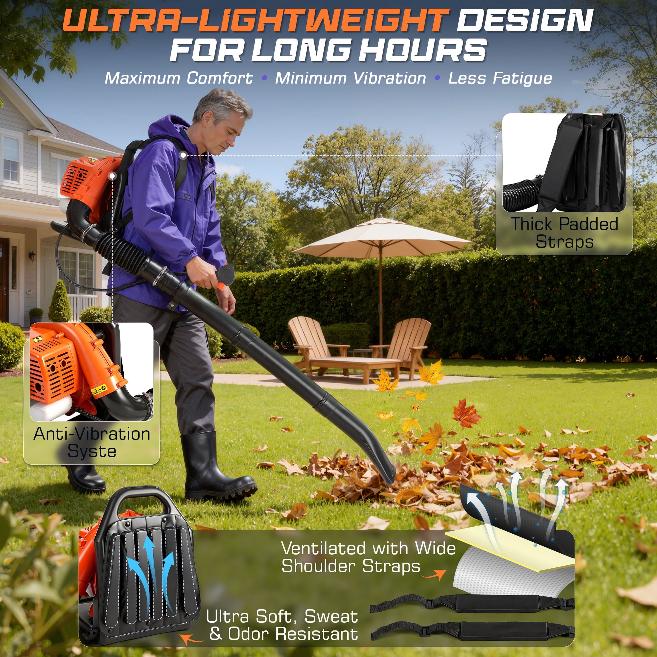 52cc 603 CFM 224 MPH Lightweight Backpack Leaf Blower Gas Powered, 2-Cycle Gasoline Blower with Cruise Control, Professional Backpack Blowers for Lawn Care, Large Yard Waste, Grass & Debris Cleaning