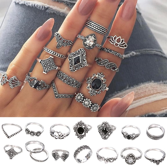 SmartBy 15 Pcs Bohemian Retro Rings Set for Women Crystal Flower Leaves Hollow Lotus Knuckle Finger Rings Exquisite Metal Ring Wedding Jewelry Gifts