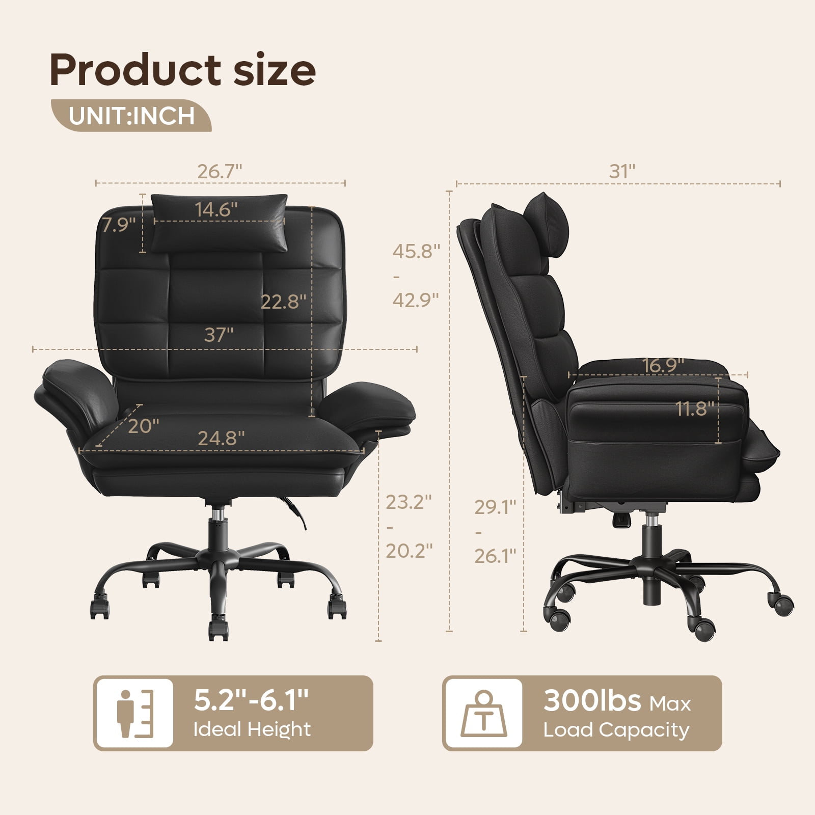 Bestier Big and Tall Ergonomic Office Chair with Flip-Up Arms, PU Leather High Back Executive Swivel Desk Chair with Side Pockets & Headrest , Height Adjustable Computer Chair for Home, Black