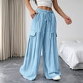 thumbnail image 5 of Women's Wave Textured Wide Leg Cargo Pants, Trendy Design Lightweight Drawstring Elastic Waist Full Length Casual Trousers with Pockets for Office Daily Travel | TruBelle,Light Blue M, 5 of 7