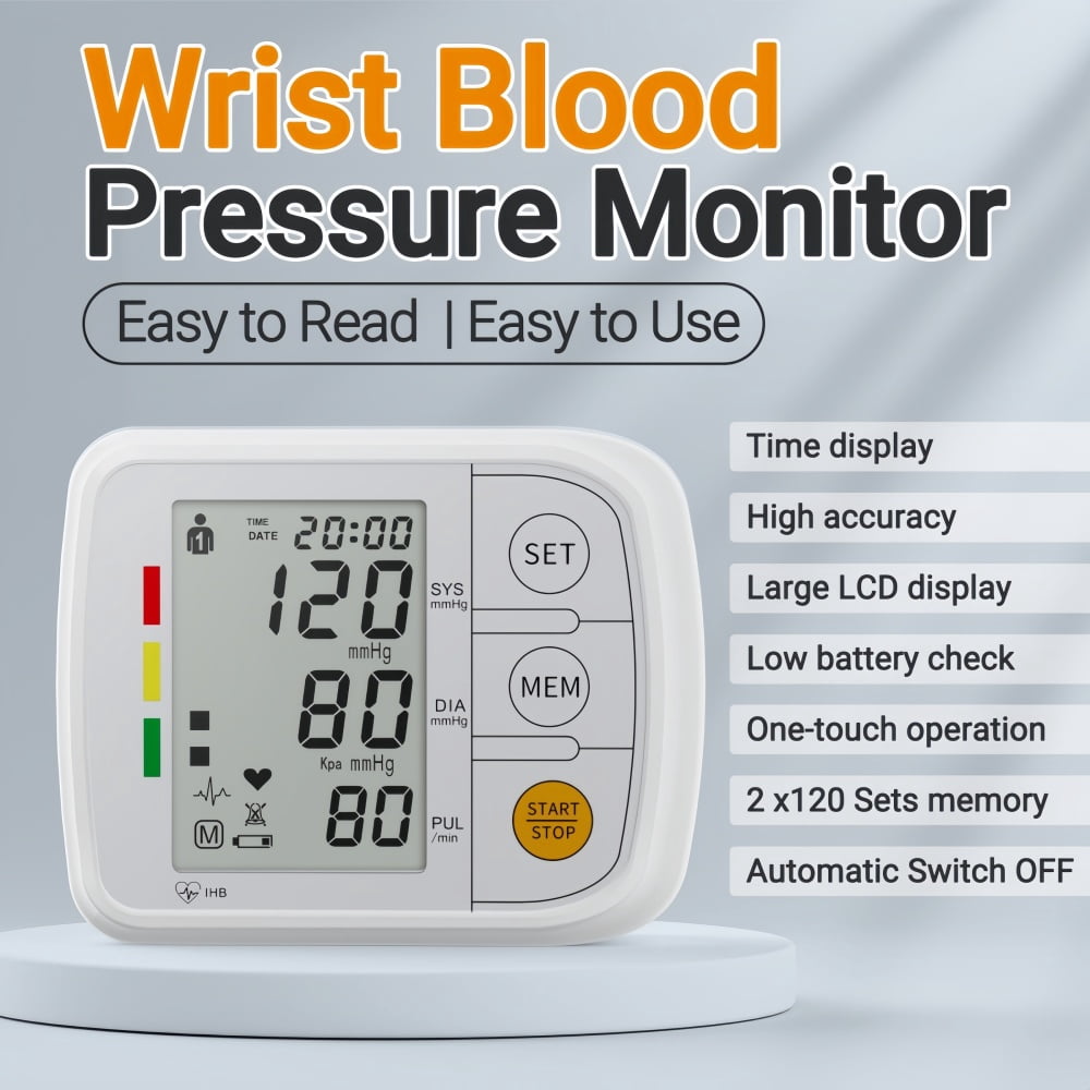Automatic Wrist Blood Pressure Monitor, Large LCD Display with Adjustable Cuff, Portable BP Machine for Home & Travel Use