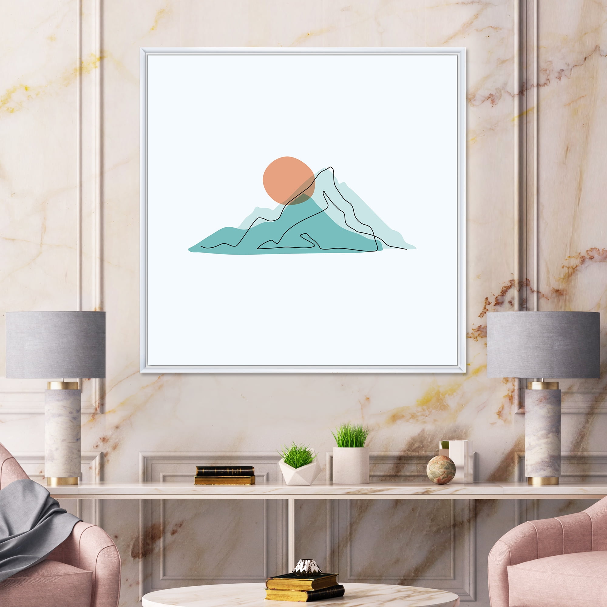 Designart 'Abstract Blue Mountains With Red Moon II' Modern Framed Canvas Wall Art Print