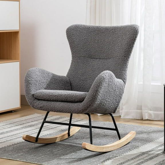Nursery Rocking Chair with High Backrest and Armrests, Teddy Velvet Upholstered Baby Rocking Chair for Baby Nursery,Living Room,Bedroom (Grey)
