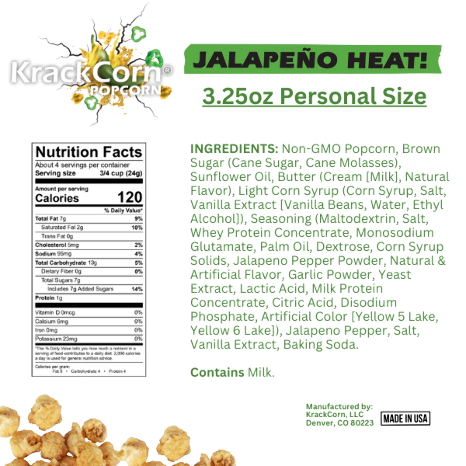 KrackCorn® Popcorn Jalapeno Heat 3.25oz Personal Size - 6 pack