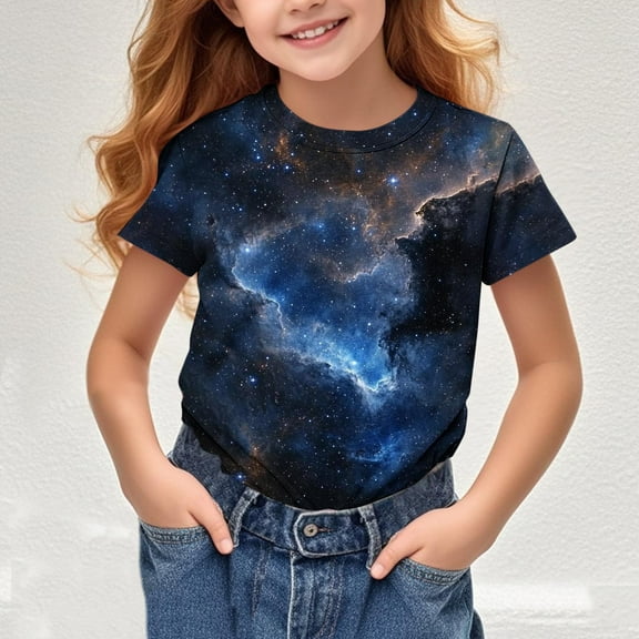 Delliss Girl's Short Sleeve Tops Starry Sky Printed Summer Loose Casual T-Shirt Round Neck