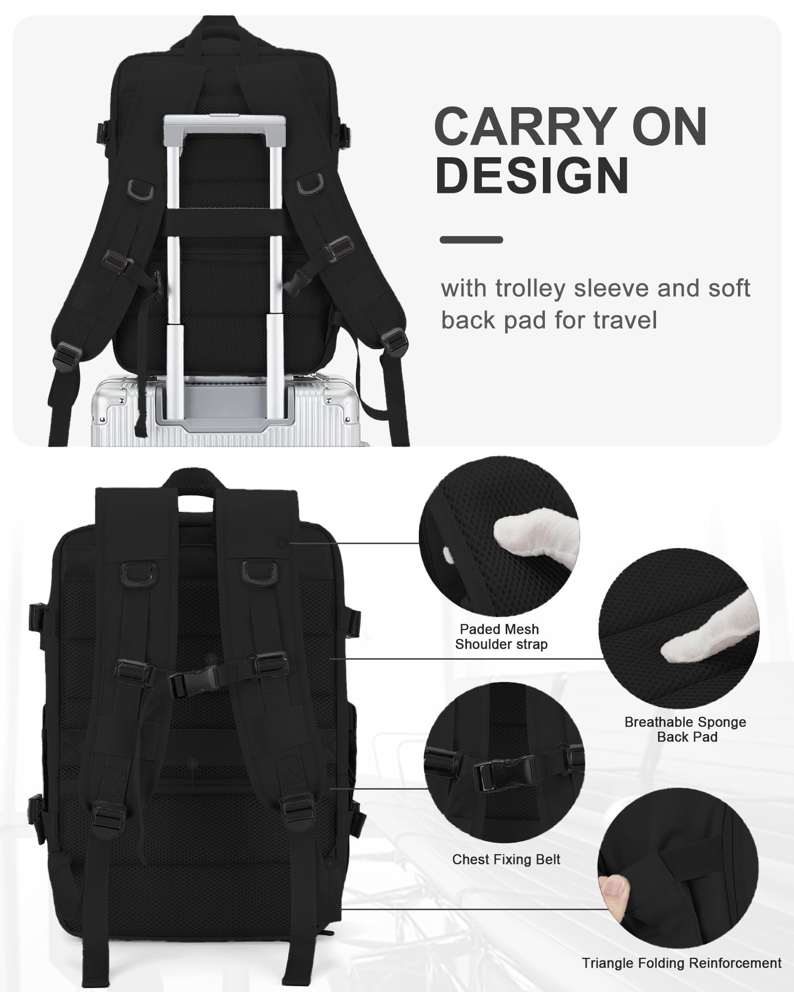 DAKIMOE Large Travel Backpack for Adults Carry on Laptop Backpack Flight Approved Waterproof College Bag with USB Charging Port & Shoe Pouch Casual Daypack for Women Men for Weekender Business, Black