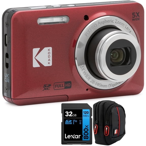 Kodak PIXPRO FZ55 Digital Camera, Red Bundle with Lexar 32GB High-Performance 800x UHS-I SDHC Memory Card   Deco Photo Point and Shoot Field Bag Camera Case