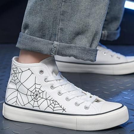 

Men s Creative Spider Web Graphic Print High Top Canvas Shoes Breathable Non Slip Lace-up Casual Sneakers For Outdoor Casual Men s Street Style Footwear