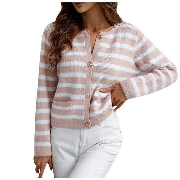 Odeerbi Striped Knit Cardigan Sweaters For Women Loose Winter Sweater 2025 Fashion Border Single Breasted Sweater Pink