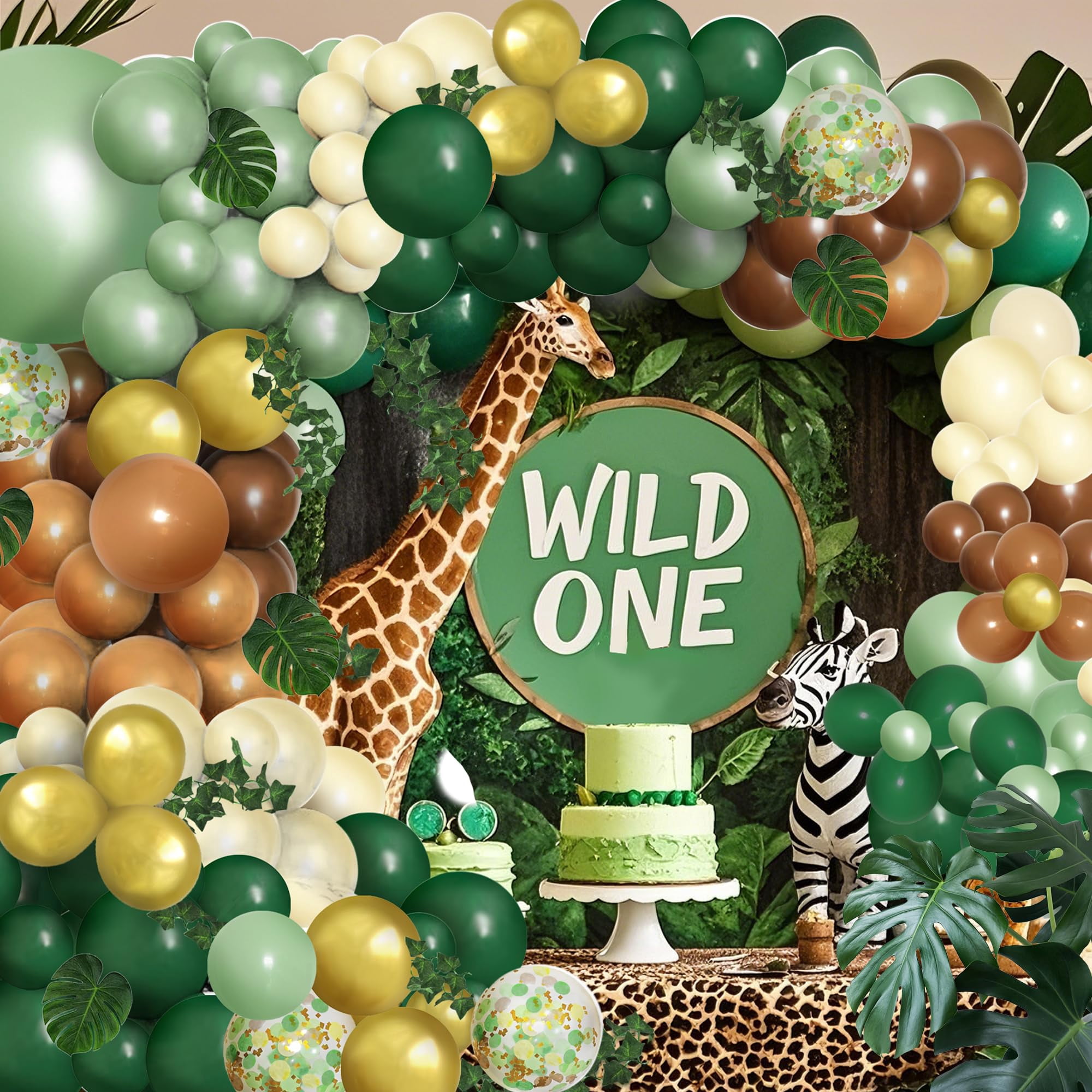 Safari Balloon Arch Kit Green Brown Jungle Garland with Animal Print Balloons Palm Leaves