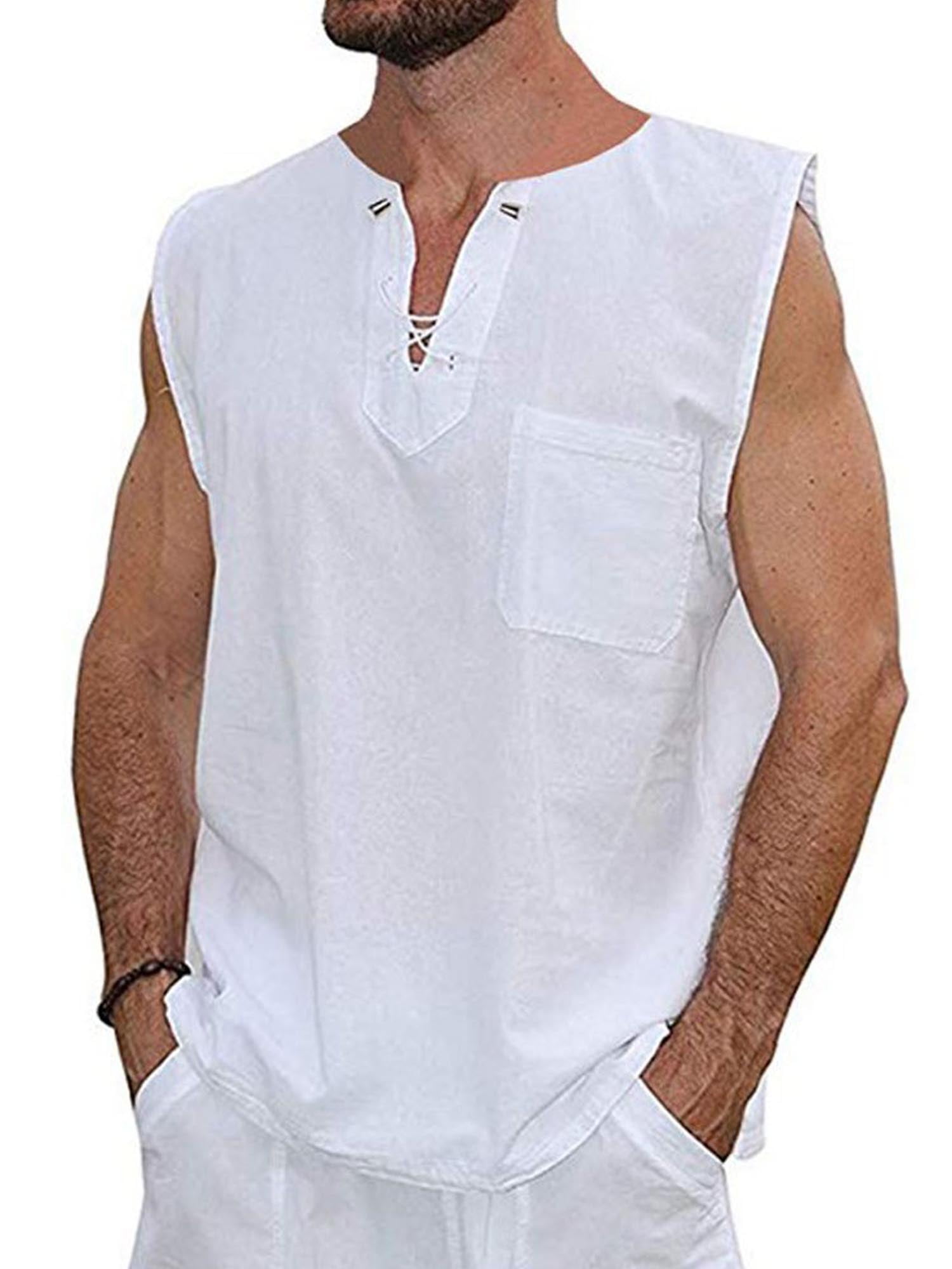 Caitzr Mens Cotton Linen T Shirt Sleeveless Henley Tops Casual Loose ...
