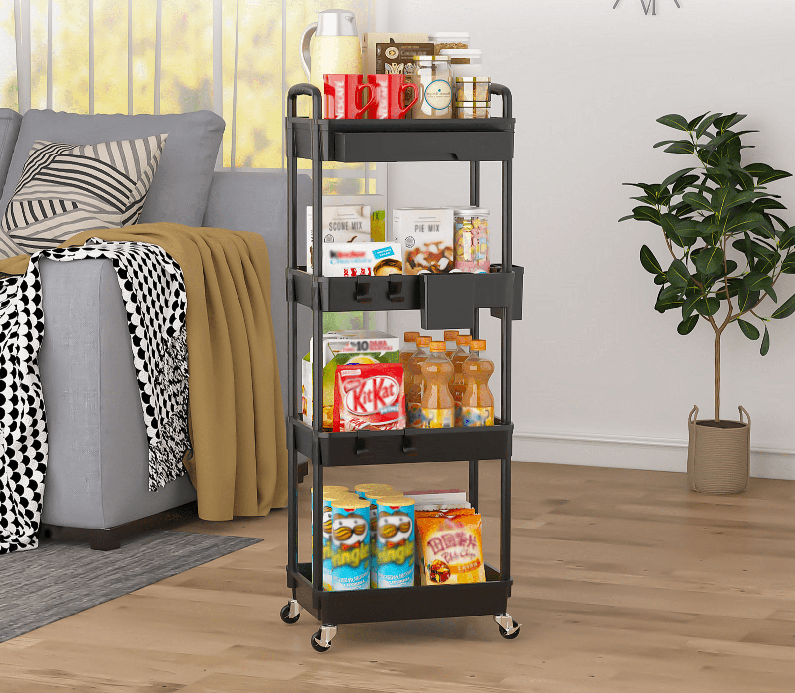 LLMRR 4 Tier Rolling Utility Cart with Drawer, Cart with Drawer & Handle, Bathroom Cart Organizer, Rolling Storage Cart with Drawer, Rolling Cart with Lockable Wheels for Kitchen, Office, Black