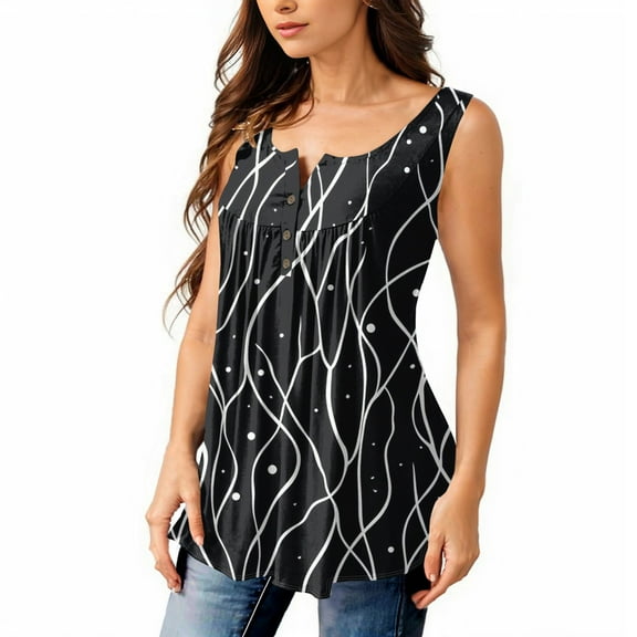 NAMTYQX Tshirts Shirts for Women Graphic Baggy Casual Sleeveless Plus Size Stylish Smocked Spring Blouses for Women 2025 Black Size L