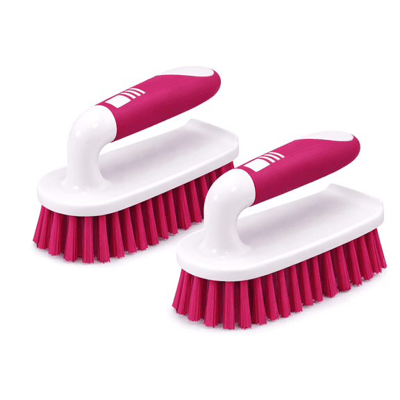 Pack of 2 Heavy Duty Scrub Brushes with Rubber Grip – Bathroom Shower Sink Floor – White & Pink, Dependable Industries Inc. Essentials