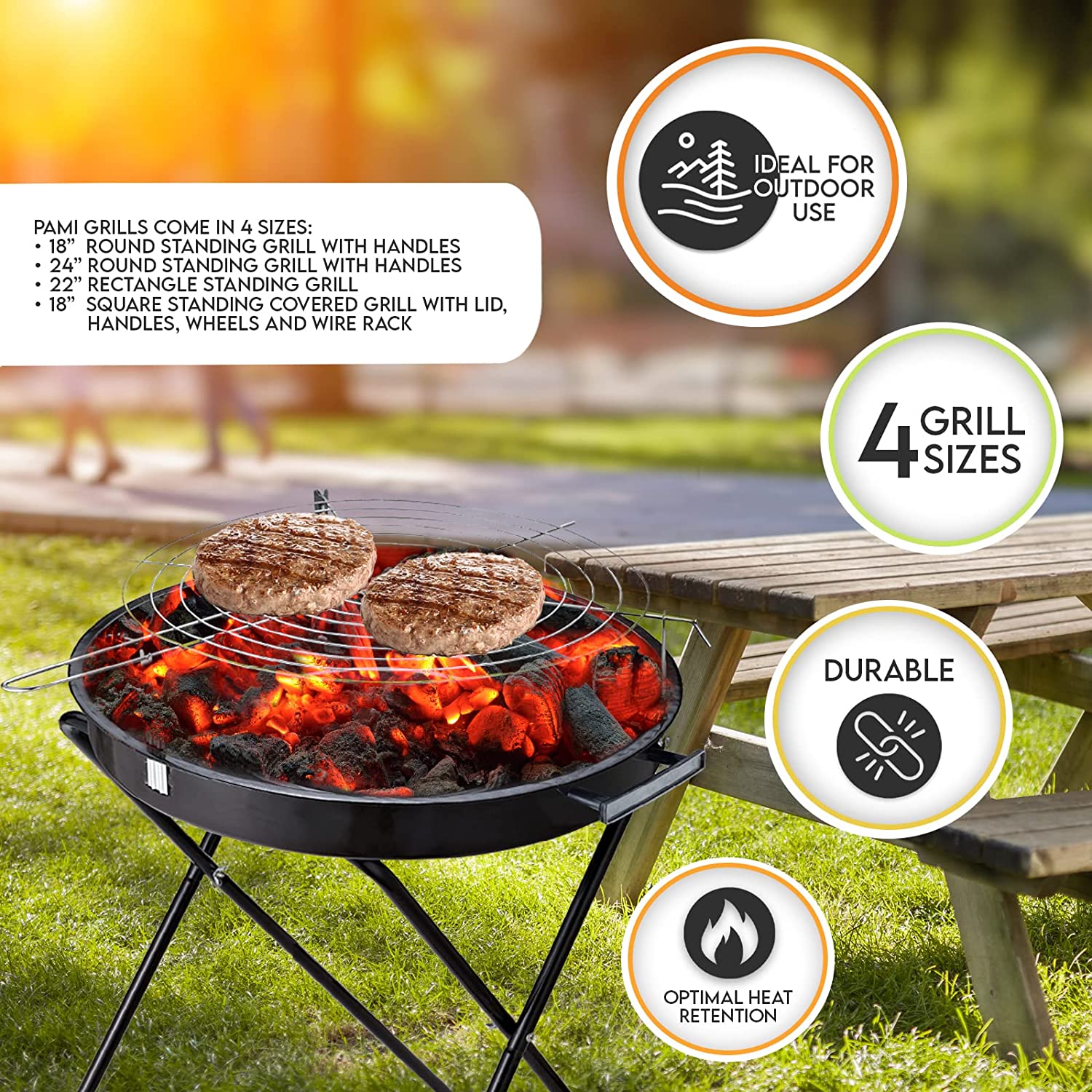 PAMI 24 Inch Round Portable Charcoal Barbecue Grill with Lid & Handles, Standing BBQ Grill for Outdoor Cooking