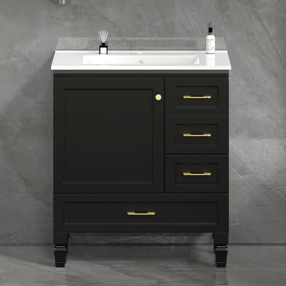YIYADO 30" Bathroom Vanity with Sink Combination, Modern Bathroom Storage Cabinet Set, 1 Soft Close Door and 3 Drawers, Without Faucet, Black