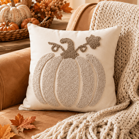 Embroidered Pumpkin Tufted Throw Pillow Cover, Fall Halloween Decor Cushion Case Soft for Sofa and Bed Beige 17.71x17.71in