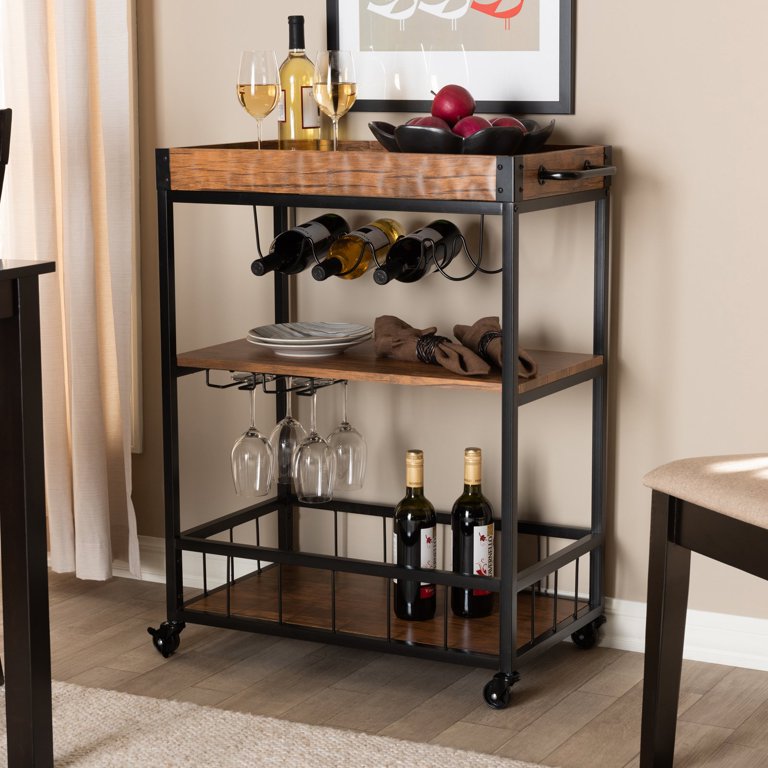 AA Products Inc. Industrial Bar Cart for Home, 3-Tier Bar Serving Cart with Wheels, Lockable Casters, Beverage Cart with Wine Rack and Glass Holder