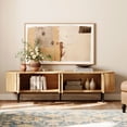 thumbnail image 2 of WAMPAT 70" Fluted TV Stand, Mid-Century Media Console for TVs up to 75”, Curved Round Edge Entertainment Center with Pop-up Doors & Storage for Living Room Bedroom, Natural Oak, 2 of 6