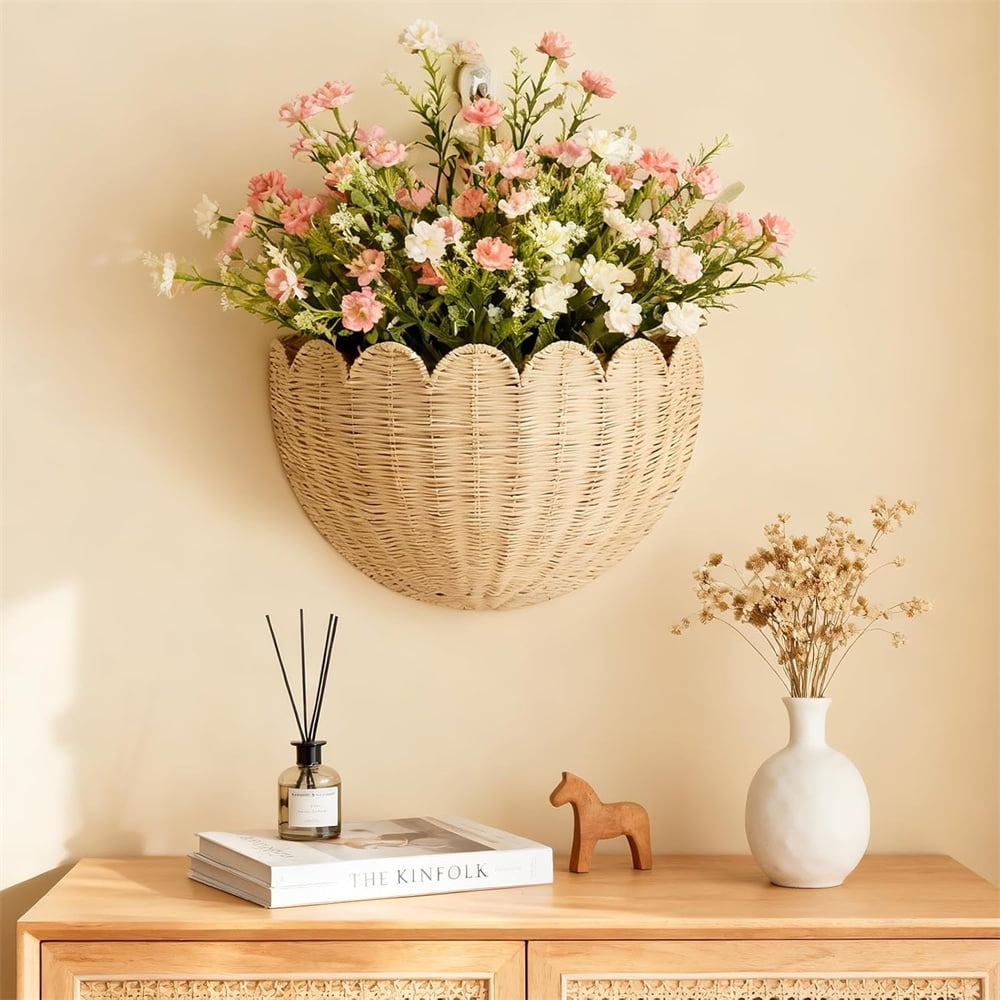 Duslogis Scalloped Wicker Wall Basket - Hand Woven Basket - Scalloped Décor Wall Hanging Baskets -14.2 x 7.8 x 5.7 Inch - Hanging Wall Basket