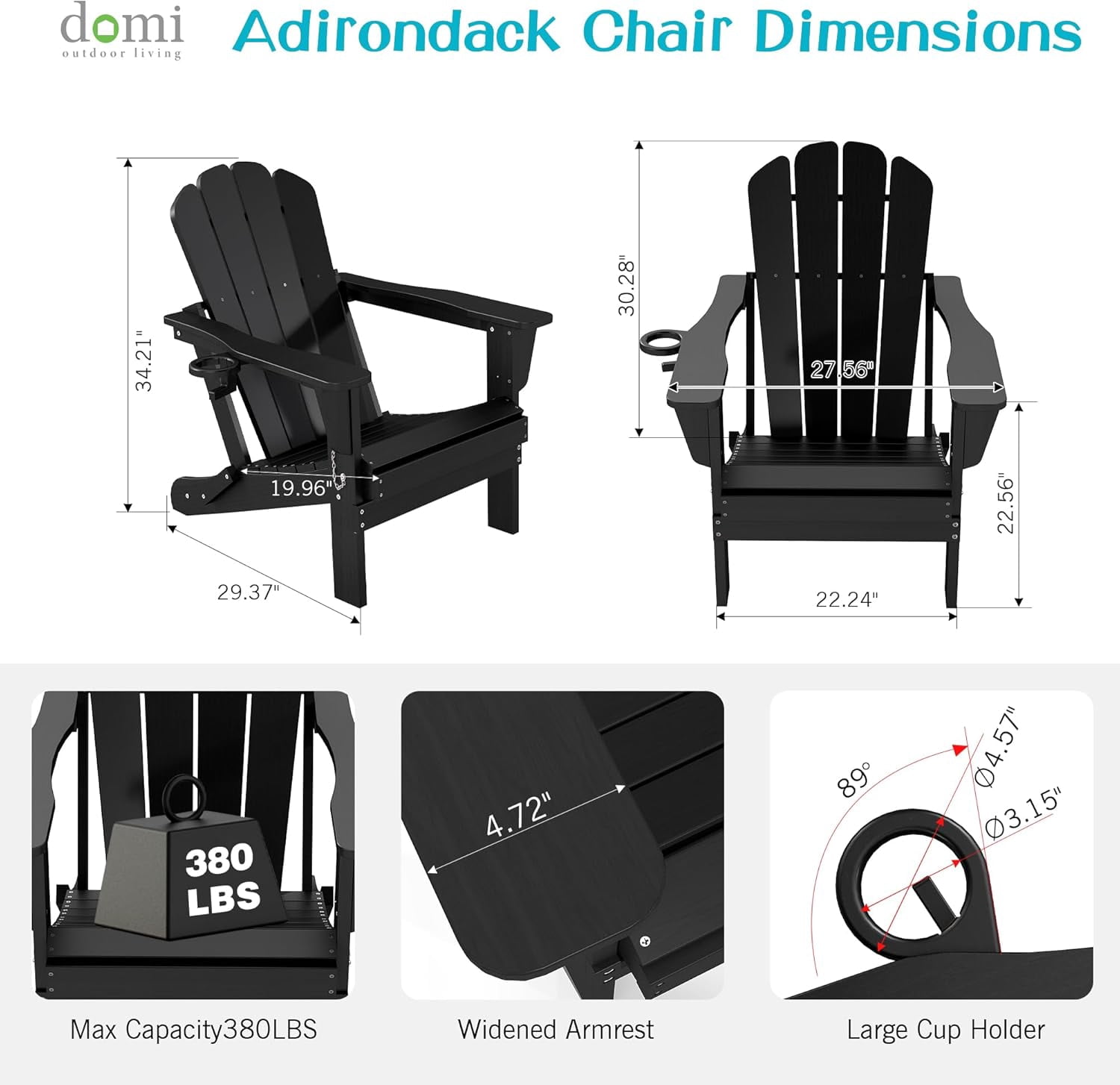 Domi Outdoor Living Folding Adirondack Chair Set of 2, All-Weather HDPE Patio Chair with Cup Holder, Weather-Resistant Fire Pit Seating for Backyard, Deck, Garden & Poolside, Black