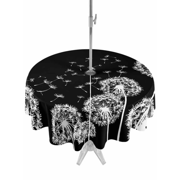 Outdoor Tablecloths with Umbrella Hole & Zipper, White Dandelion Round Tablecloth 54 Inch, Spring Flowers Botanical Vintage Black Waterproof Table Cloth, Patio/Pool/Picnic Table Covers