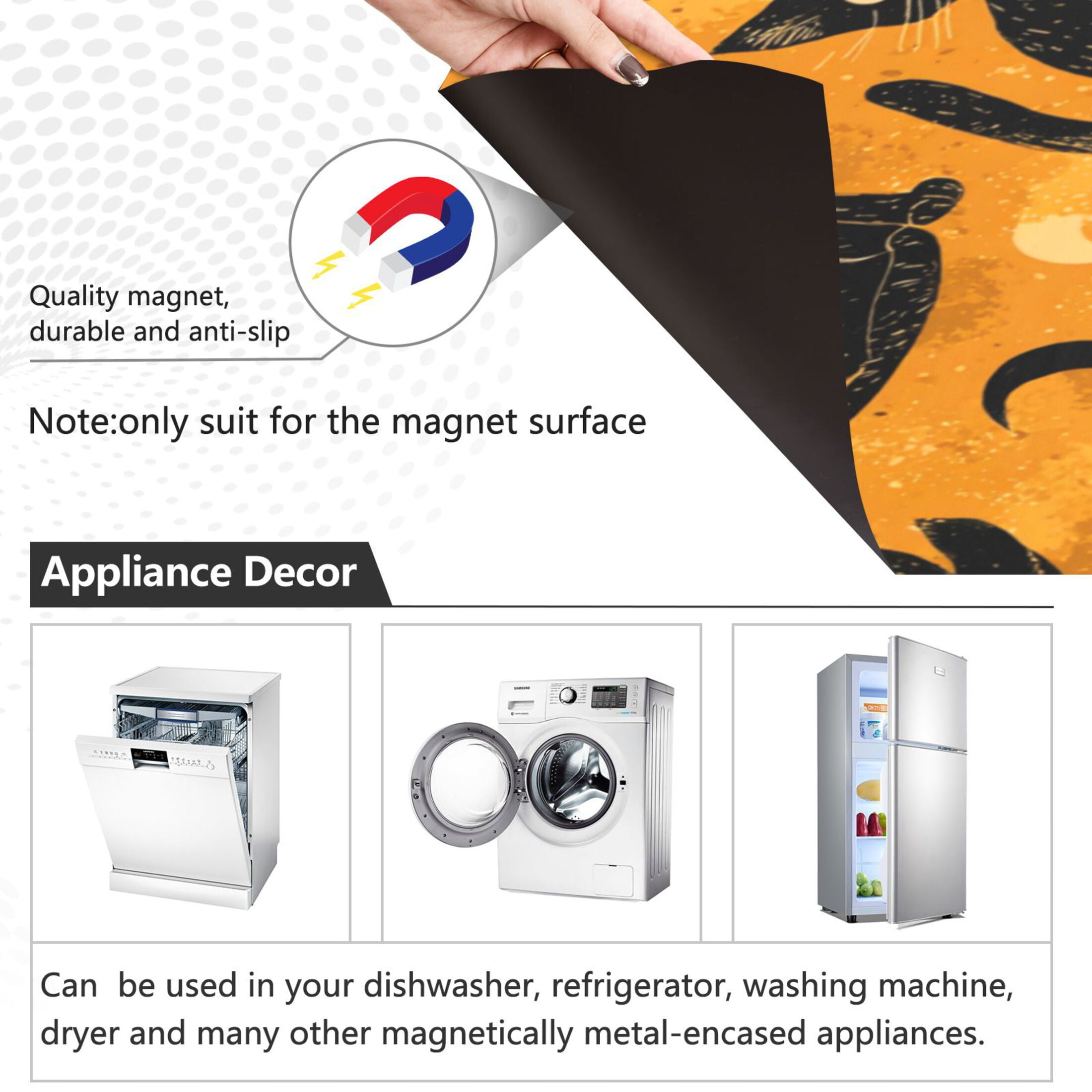 Dishwasher Magnetic Refrigerator Magnet Cover Sticker Home Decorative 23"x26" Repeating Mysterious Black Cat Pattern