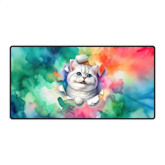 Funny Watercolor Adorable American Shorthair Peeking Through Torn Paper Effect Desk Mat Full Keyboard Mouse Pad Cat Lover Kitten Owner Gifts Large Mousepad - 00026