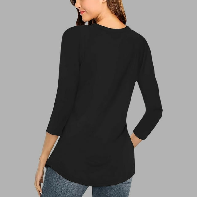 MHFRRA Camiseta de Manga Larga con Cuello En V para Mujer, Blusa Informal de Vacaciones con Botones, Blusa Básica de Color Puro para Primavera y Otoño Negro