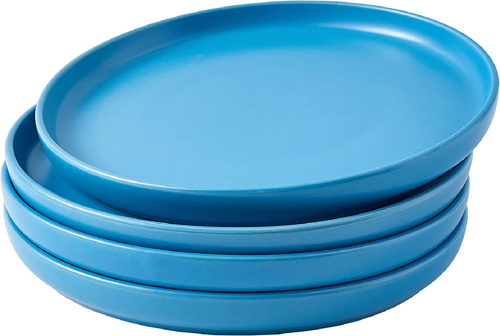 11" Blue Ceramic Plate Set of 4, Cute Round Blue Ceramic Plate For