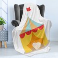 thumbnail image 4 of Circus Soft Flannel Fleece Throw Blanket, Furry Cat Kitten in a Circus Tent Smiling Fun Joy Famous Nostalgic Memory Artwork, Cozy Plush for Indoor and Outdoor Use, 50" x 60", Yellow Red, by Ambesonne, 4 of 5