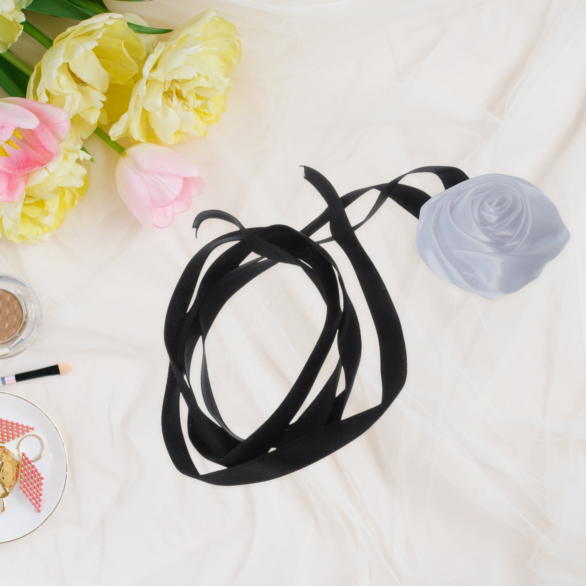 Unique Bargains Satin Rose Tie Choker Necklace White, Black