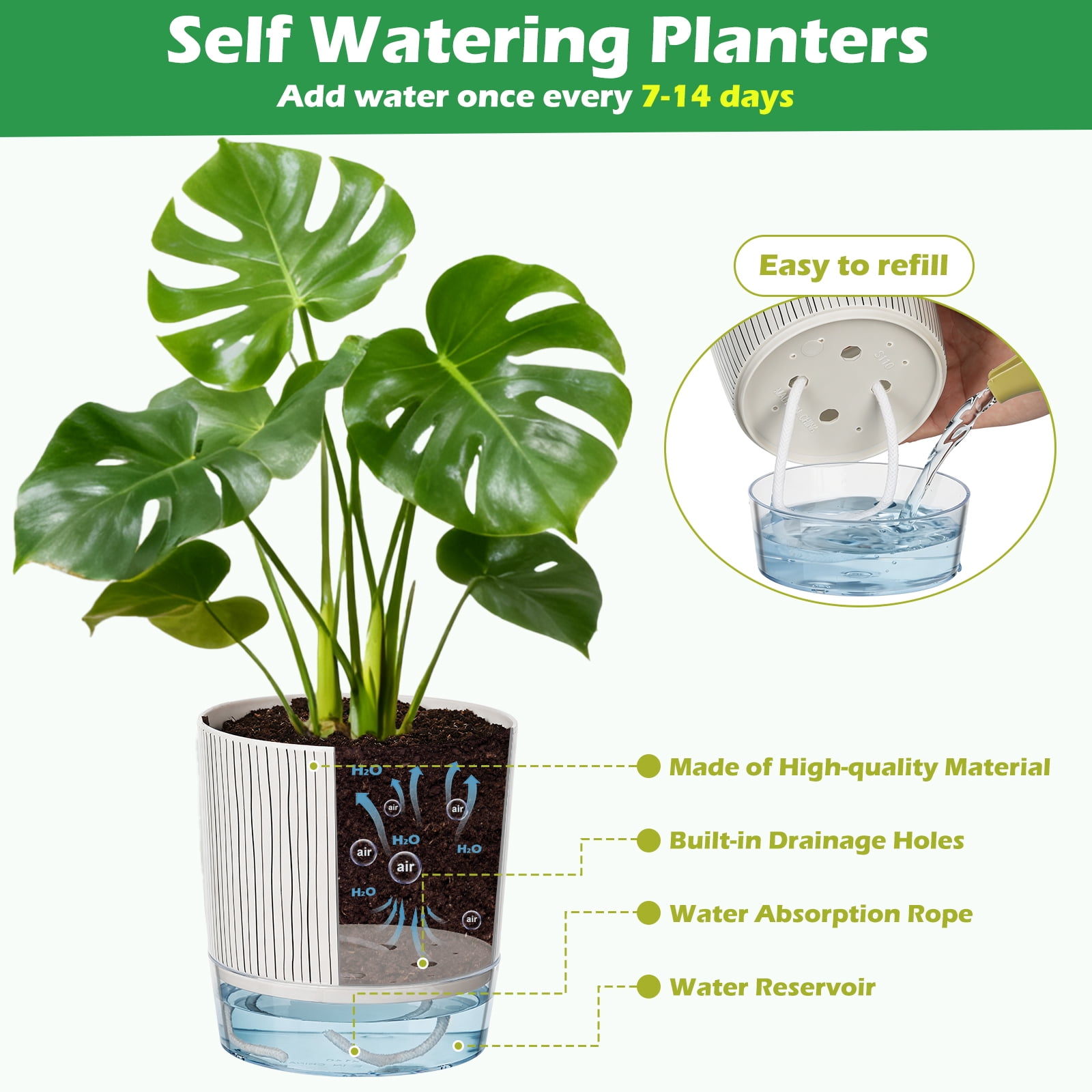 Samhe 6 Pack Self Watering Pots for Indoor Plants, 4" 5.5" 6.3" Plastic Self Watering Planter with Drainage Holes and Saucers