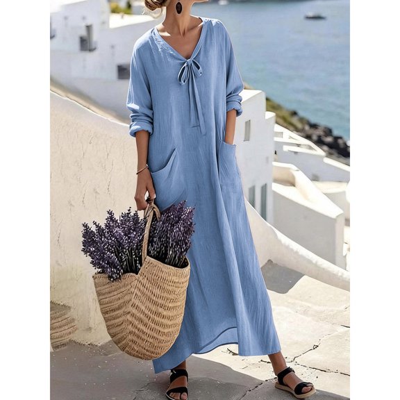 Mgmyaa Women's Casual V-Neck Long Sleeve Solid Loose Tent Long Dress