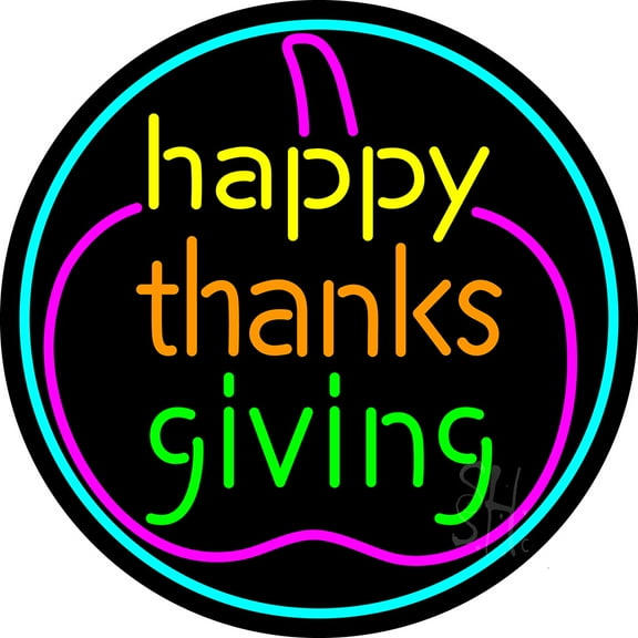 Happy Thanksgiving 2 LED Neon Sign 18 x 18 - inches, Clear Edge Cut Acrylic Backing, with Dimmer - Bright and Premium built indoor LED Neon Sign for special occasion decor.