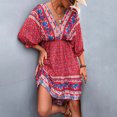 thumbnail image 7 of USSUMA Dresses For Women Party Casual,Women Bohemian Summer Dresses V Neck 3/4 Long Sleeve Ruffle Floral Flowy Boho Babydoll Mini Short Beach Dress, 7 of 7