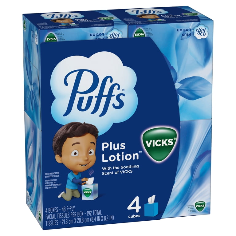 Puffs, Facial Tissues Plus Lotion with Vicks Scent, 4 Count
